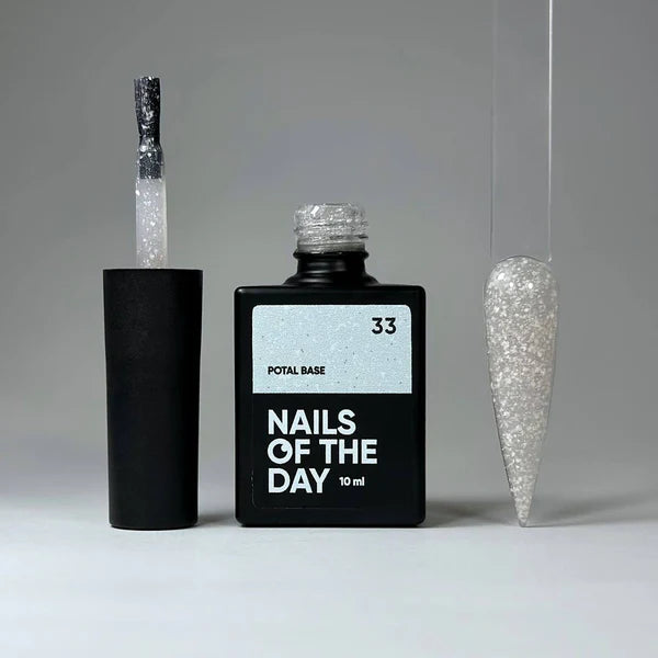 NAILSOFTHEDAY Potal base 33 — base semitransparente con destellos blancos y reflejos plateados finos, 10 ml