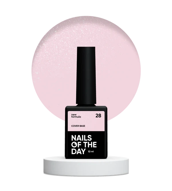 Nailsoftheday Cover base NEW Formula 28 — semitransparente tono rosa empolvado con shimmer plateado, una base camuflaje para uñas, 10 ml.