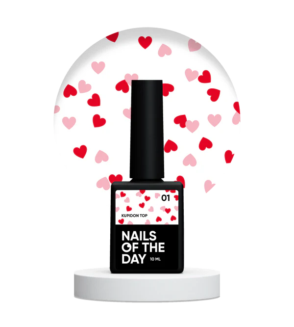 NAILSOFTHEDAY Kupidon top 01: top delicado para uñas con corazones de color rojo intenso y rosa, sin capa pegajosa, 10 ml