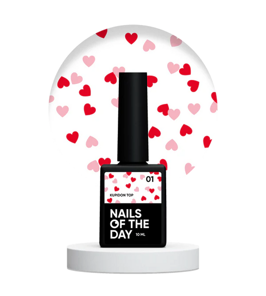 NAILSOFTHEDAY Kupidon top 01: top delicado para uñas con corazones de color rojo intenso y rosa, sin capa pegajosa, 10 ml