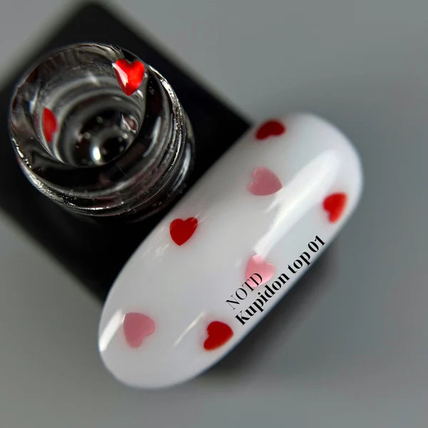 NAILSOFTHEDAY Kupidon top 01: top delicado para uñas con corazones de color rojo intenso y rosa, sin capa pegajosa, 10 ml
