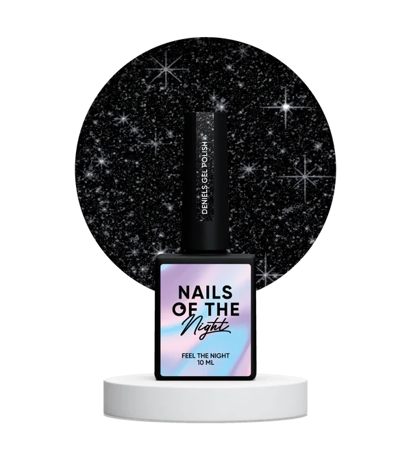 NAILSOFTHENIGHT Deniels gel polish — esmalte en gel negro pigmentado con shimmer plateado reflectante para uñas, 10 ml